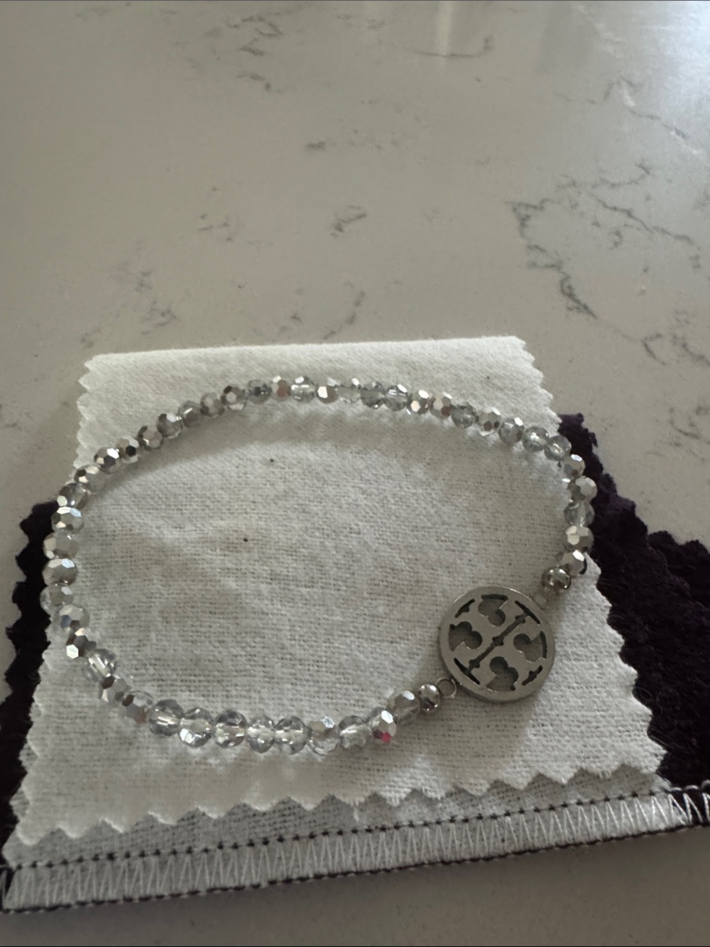 Tori Burch Silver Beaded Logo Stretch Bracelet - Designer Style - Picture 2 of 2